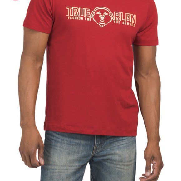 Shine Bright w/ TRUE RELIGION Short Sleeve Puff Metallic Logo Tee men's ! RED - Picture 2 of 5